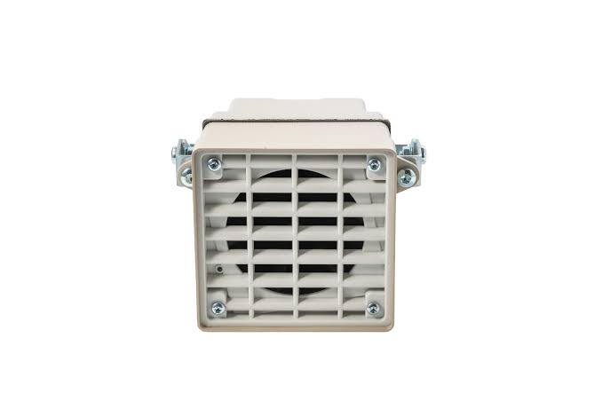 Front view of an anti-loitering speaker with protective grille and mounting brackets